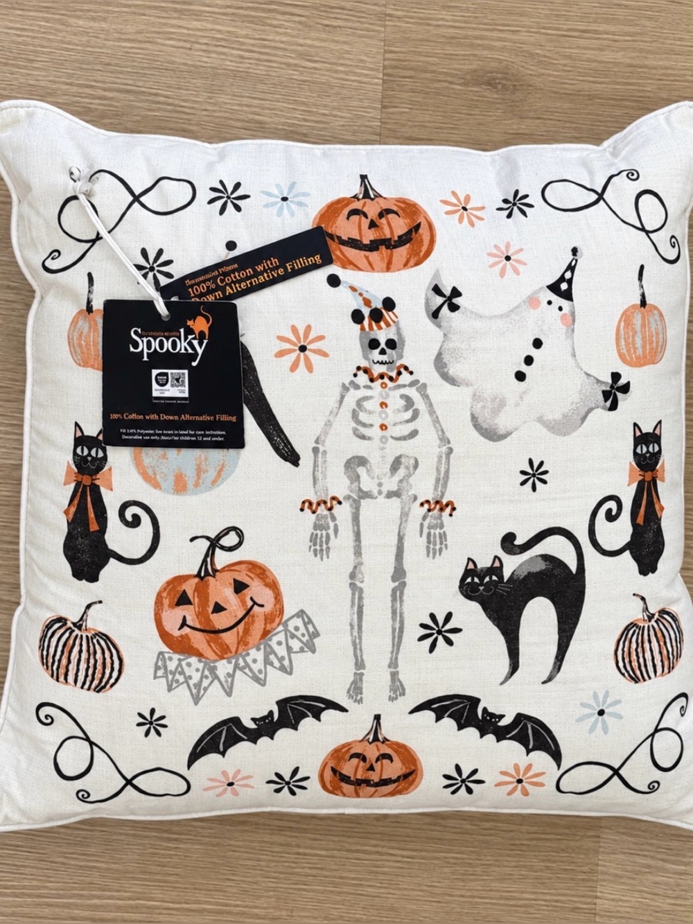 Indigo Halloween Pillow in White, Orange, and Black